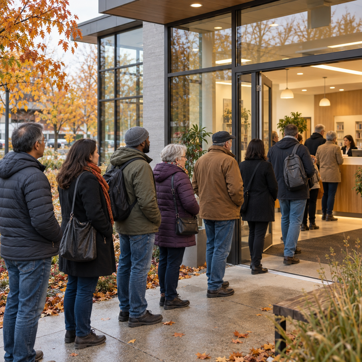 People in a calm, orderly line near a neutral community information centre