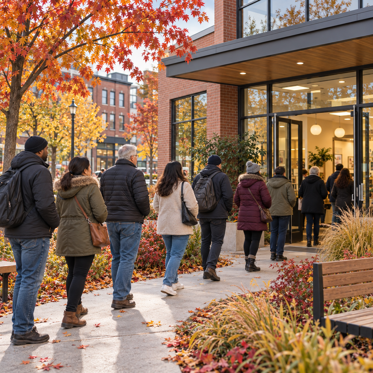 People walking toward a neutral community information centre in autumn light
