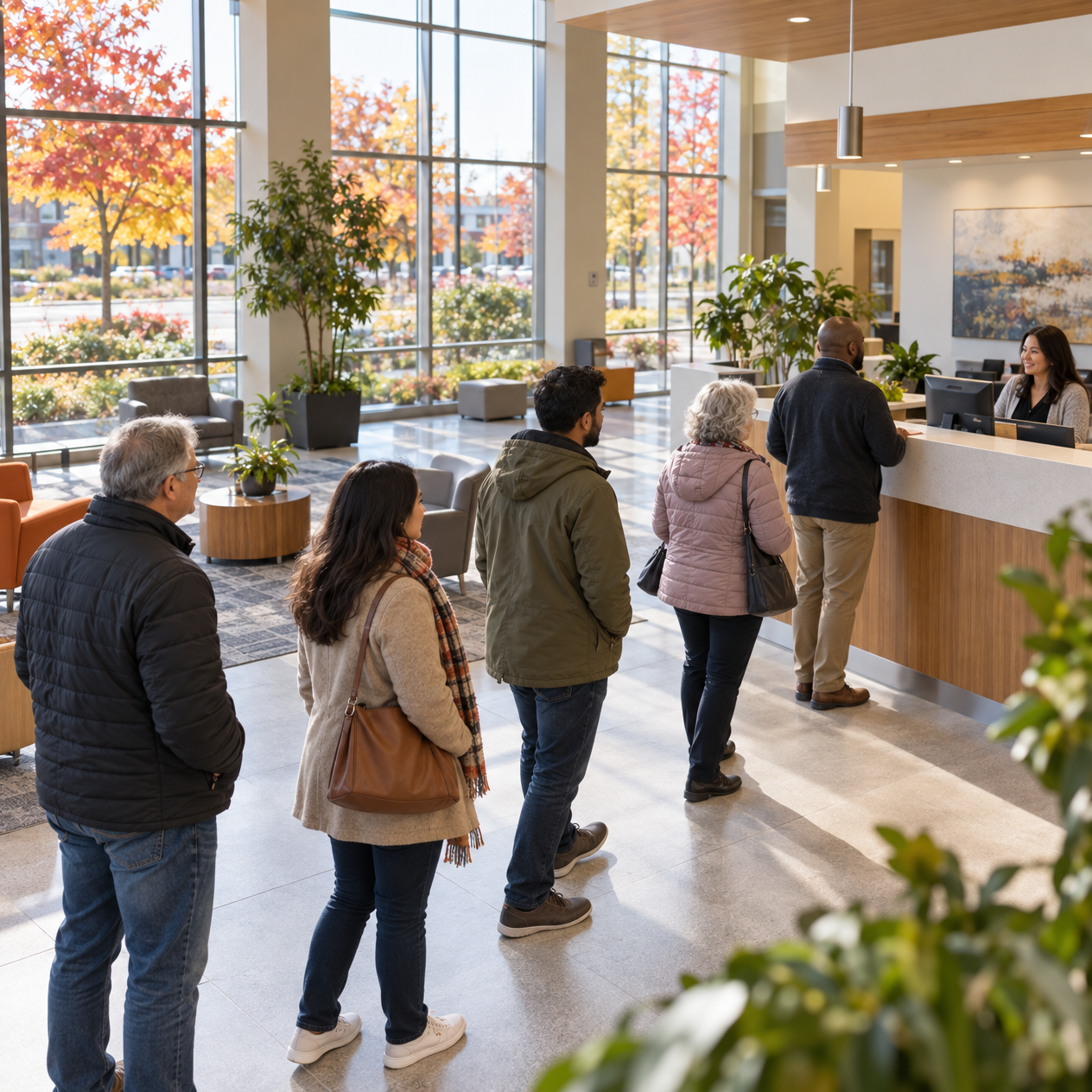 Bright neutral information centre lobby with visitors moving toward a service point